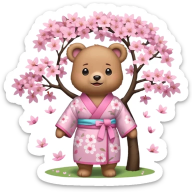 A cute light-brown bear wearing a pastel pink sakura-patterned kimono, normal balanced body ratio.  
Standing under a blooming sakura tree, looking up at falling pink petals with a soft amazed smile.  
Kawaii emoji style, minimalistic clean sticker illustration, simple scenic background. sticker
