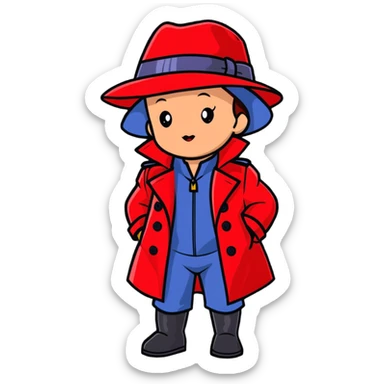 Baby Carmen Sandiego in red trench coat and hat, cute detective sticker