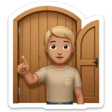 Person pointing to door as if to leave sticker