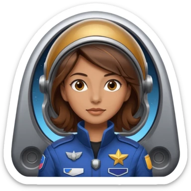 woman with brown hair and brown eyes.  space ship captain sticker