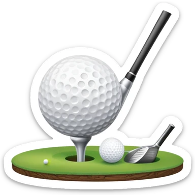 A golf ball on a tee, with a golf club placed beside it on the lush green fairway. The background shows a serene golf course with neatly trimmed grass and a clear blue sky, emphasizing the elegance and precision of the game. sticker