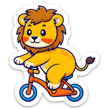 lion riding a bike, cartoon sticker style sticker