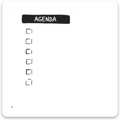 A notebook with 'AGENDA' written on top and meeting items listed below sticker