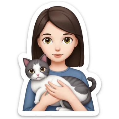 brunette white girl holding dark gray and white cat sticker