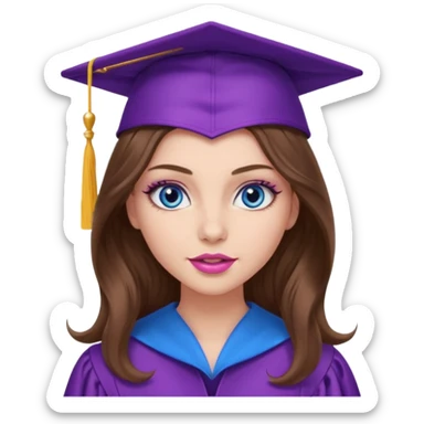 girl with very long wavy brown hair, blue eyes, long lashes makeup, sexy pink lips, wearing a purple graduation cap and gown sticker