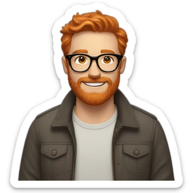 White man with reddish orange hair and beard, wears tortoise shell glasses from warby parker and has dimples sticker