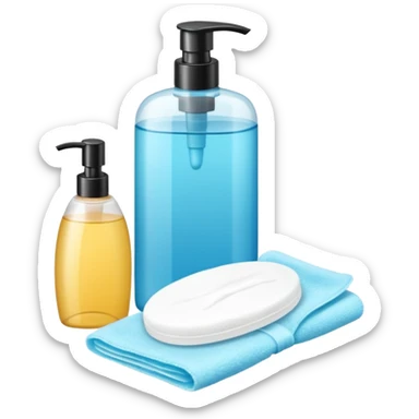 big (1L) bottle of shampoo, disposable gloves and cotton pads (for makeup) are standing on a table sticker