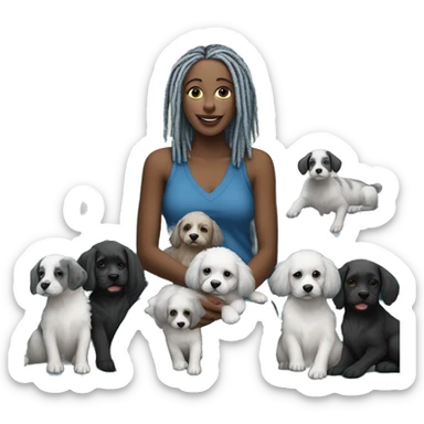 Fair skinned lady with gray dreadlocks sitting on blue sectional sofa with 9 black and white puppies  sticker