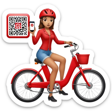 QR code on a red bike and a woman scanning the code standing next to the bike a few feet away sticker