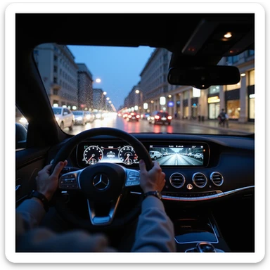 Modern Mercedes S-Class 2024 interior, immersive cockpit POV, left hand on steering wheel, night cityscape of Bucharest through rainy windshield, ambient lighting, digital displays, city traffic ahead, no text or misspellings, highly realistic sticker