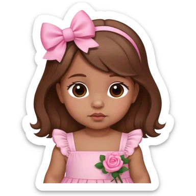 Brown hair medium skin tone baby girl with bows on her hair wearing a dress with pink roses on it sticker
