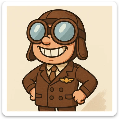 a pilot in cartoon style, with oversized goggles and big smile, neutral background sticker