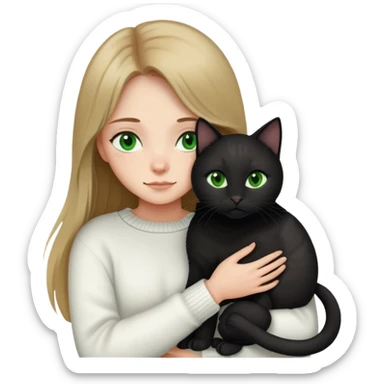 a girl with long, dark blond hair and green eyes, a white sweater, and hugs a black cat sticker