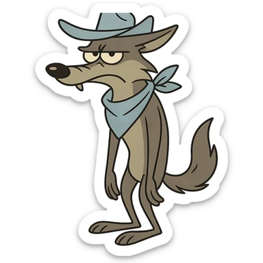 grey coyote, less anthropomorphic, light blue cowboy hat and neckerchief, standing, flat toon style sticker