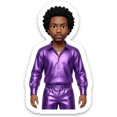 Prince Rogers Nelson with black hair, purple metallic shirt, purple metallic baggy pants, silver necklace sticker