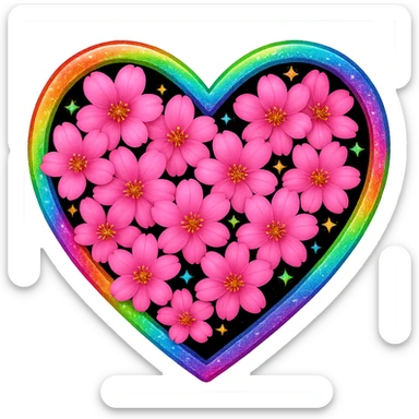 Replace the shimmer effect with a rainbow shimmer on the gold and silver sparkles of the heart surrounded by sakura petals in the style of apple emojis, no background. sticker