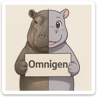 a hippo holding sign of omnigen, half picture hippo is realistic another hald is the anime of that same hippo sticker