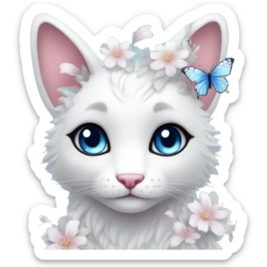 Edgy Cute Cool Kawaii gorgeous sparkly ethereal white fantasy animal with blue eyes sona with flowers and butterflies beautiful aesthetic sticker