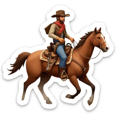 An icon representing an adventure game, inspired by Red Dead Redemption II. The design features a rugged cowboy riding a horse through a vast, open landscape with mountains, deserts, and wild animals. The atmosphere conveys exploration, action, and the thrill of the journey. Transparent background sticker