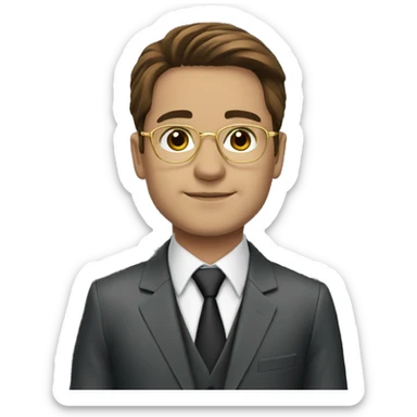 lawyer in suit with brown hair and brown eyes and gold glasses sticker