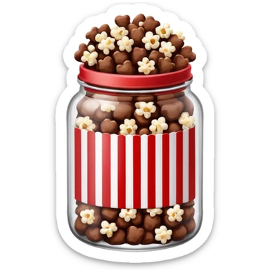 Chocolate popcorn in a jar with red and white vertical lines sticker