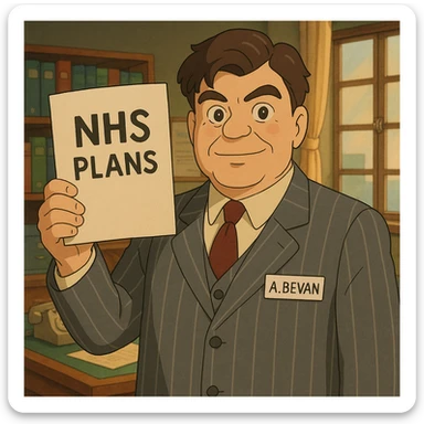 A 1930s middle aged man wearing a grey pinstripe suite holding up an official document with the words 'NHS Plans' with an office background. Give him a name badge with A. Bevan written on it sticker
