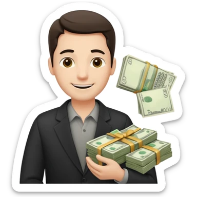 un chef d'entreprise en train de compter sa montagne de billet derrière lui une file de client qui entre dans son magasin pendant qu'à cote un autre chef d'entreprise poche vide pas de client  sticker