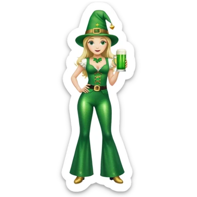 Blonde haired pretty woman in glittery green bell bottoms and tall leprechaun hat holding a green beer sticker
