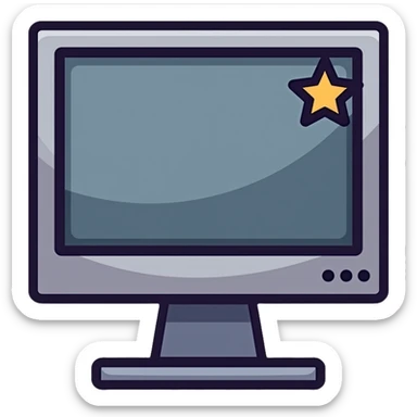 Minimalist CRT monitor with a simple 4-pointed star in the corner, very few details, clean lines sticker