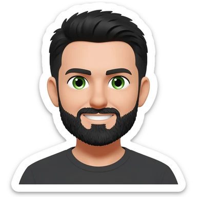 White man with short black hair and black beard with left eyebrow raised with green eyes square jaw  and smiling sticker