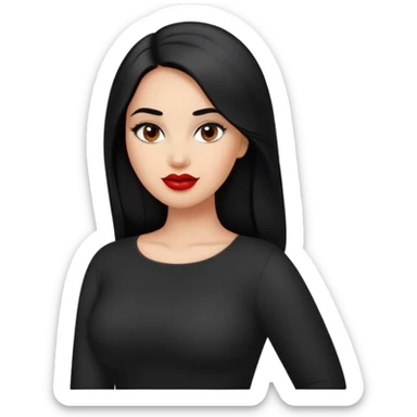 Confident curvier young woman with oval face, elegant features, medium brown skin, dark brown eyes, arched eyebrows, red lipstick, long black hair, fuller figure, wearing a black top sticker