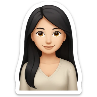 medium tan woman with long black hair past middle of back, round brwn eyes, white v neck blouse smiling. sticker