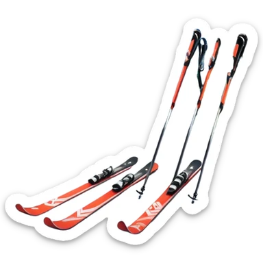 An icon featuring a pair of skis and ski poles in the foreground, set against a picturesque snow-covered slope. The background includes snowy peaks and evergreen trees, symbolizing the excitement and beauty of winter sports. Transparent background highlights the thrill of skiing and snowboarding. sticker