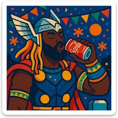 Thor, African-inspired, dark complexion, drinking Coca Cola, festive atmosphere, vibrant, colorful sticker