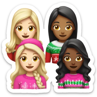 a white woman with blonde hair, a black woman with black hair, a white woman with black hair, and a Mexican woman with brown hair wearing pink Christmas sweaters and pink christmas hats sticker