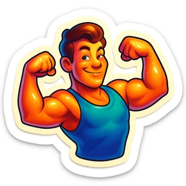 A man flexing his muscles, with a playful smirk, stylized sticker sticker