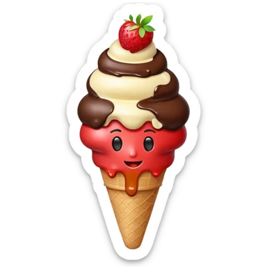 lava ice cream emoji, triple scoop (vanilla, chocolate, strawberry) with molten chocolate lava dripping from the top, apple emoji style sticker