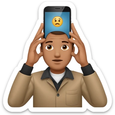 a guy holding 1 smartphone with both hands, smarphone should be horizontal, on top of his forehead sticker