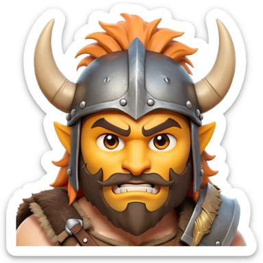 Clash of Clans style: Cinematic Fierce Barbarian Portrait Emoji, Poised and bold with a rugged, cartoonish build in tattered furs and a whimsical horned helmet, bright expressive eyes and a confident smirk, Simplified yet dynamic features, highly detailed, glowing with a vivid, adventurous aura, high shine, heroic and spirited, stylized with an air of medieval warrior charm, focused and energetic, soft glowing outline, capturing the essence of a fearless barbarian adventurer ready to lead his clan with spirited valor! sticker