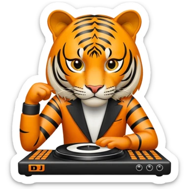 Un tigre enfadado con una mesa de dj . Lo quiero más profesional con unos audífonos y cara de astuto  sticker