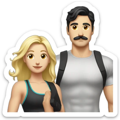 White guy with black hair and mustache and blonde girl going to the gym sticker