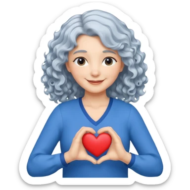 Silverhair, wavy/curly hair chin-length lady giving hug with 2 arms, blue v-neck and smiling, add a heart sticker