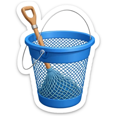 A small bucket with a fishing net leaning against it.
 sticker