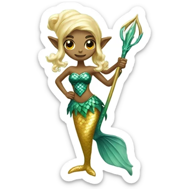 a mermaid elf with trident and golden swirls sticker