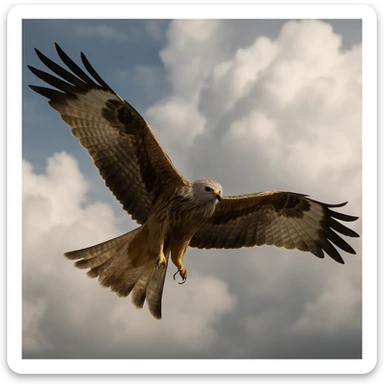 realistic milan bird of prey in flight, wings wide open, sharp talons visible, clouds in the background sticker