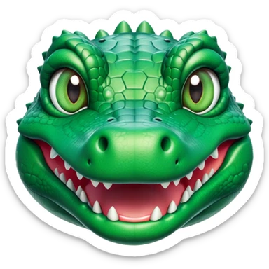 Cinematic Cute Crocodile Portrait Emoji, Head tilted playfully and inquisitively, featuring a smooth, glossy emerald-green hide with subtle textured scales and round, sparkling eyes filled with curious mischief, Simplified yet irresistibly adorable features, highly detailed, glowing with a warm, friendly glow, high shine, affectionate and surprisingly charming, stylized with a touch of wild whimsy, bright and endearing, soft glowing outline, capturing the essence of a mischievous yet lovable crocodile, so playful it feels like it could snap out of the screen into your arms! sticker