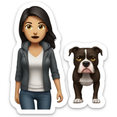 a woman with dark hair is angry and walk with a pitbull sticker