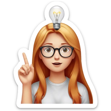 intelligent and clever, 30 year old, girl, long red and almost blond hair, glasses, has an brillant idea, one light bulb next the her head in the air, casual cloth  sticker