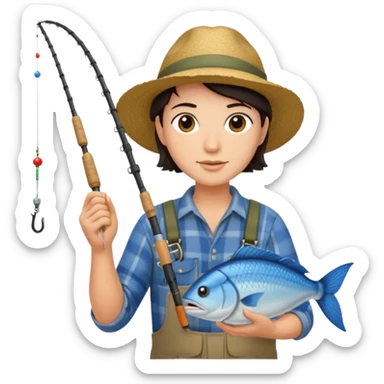 GRANJERO PIEL CLARA Y PELO OSCURO  CON CAÑA DE PESCAR Y UN PESCADO EN LA CAÑA sticker