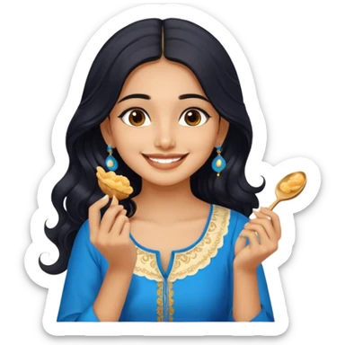 a pretty tan indian bratz girl with wavy long BLACK hair. eyeliner on, wearing a blue kurti, eating golgappa (without spoon) sticker